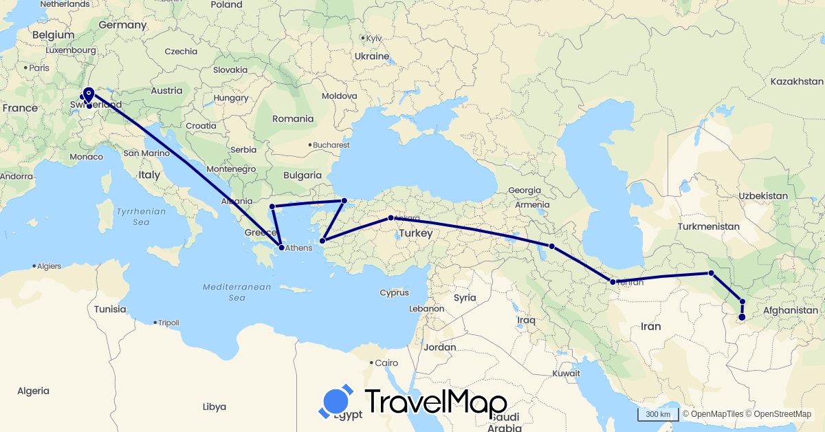 TravelMap itinerary: driving in Afghanistan, Switzerland, France, Greece, Iran, Turkey (Asia, Europe)